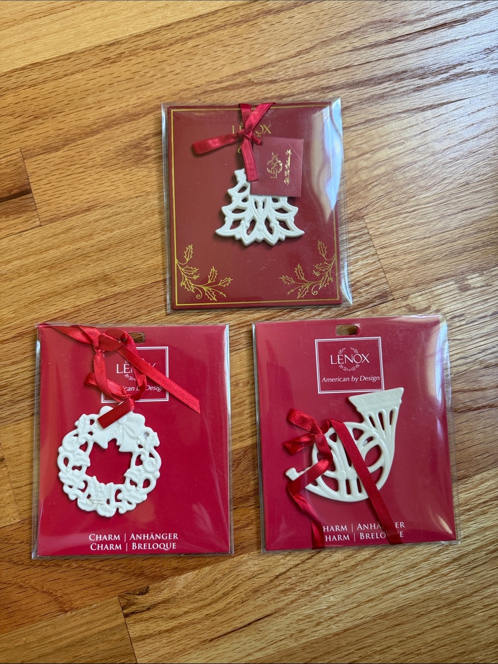 Lenox Charms Ornament Bundle - Wreath, French Horn, Tree new with tags